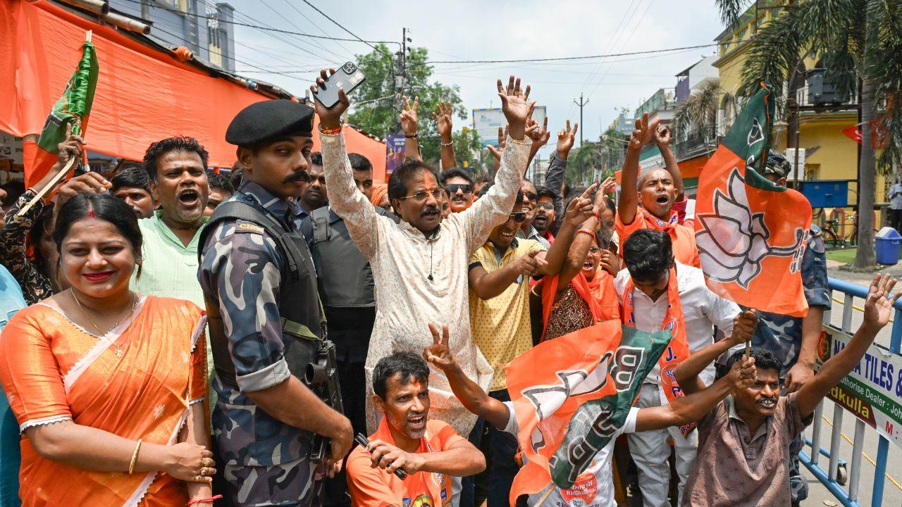 BJP supporters celebrate as the party leads in West Bengal Assembly elections 2026. (Pic/PTI)